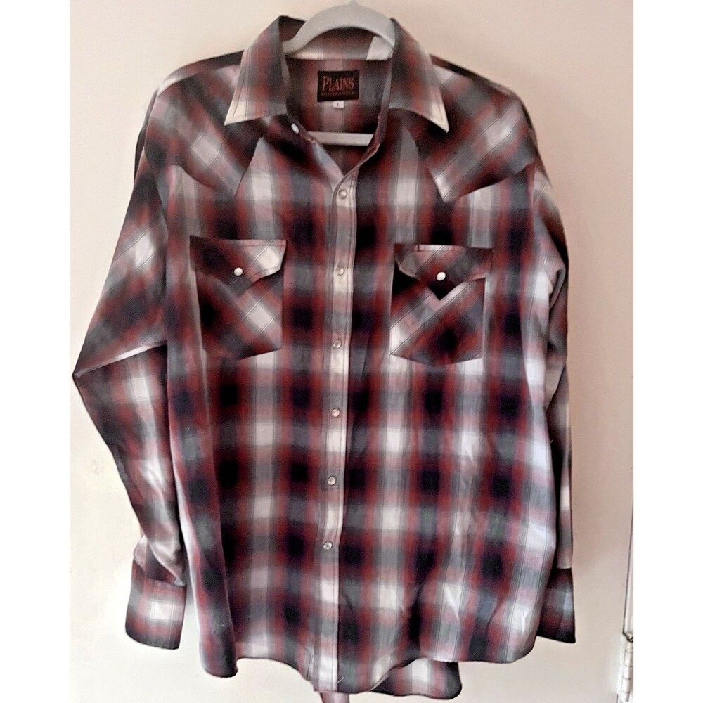 Vintage Plains Western Wear Men's Long Sleeve Pearl Snap Shirt Sz Large Plaid